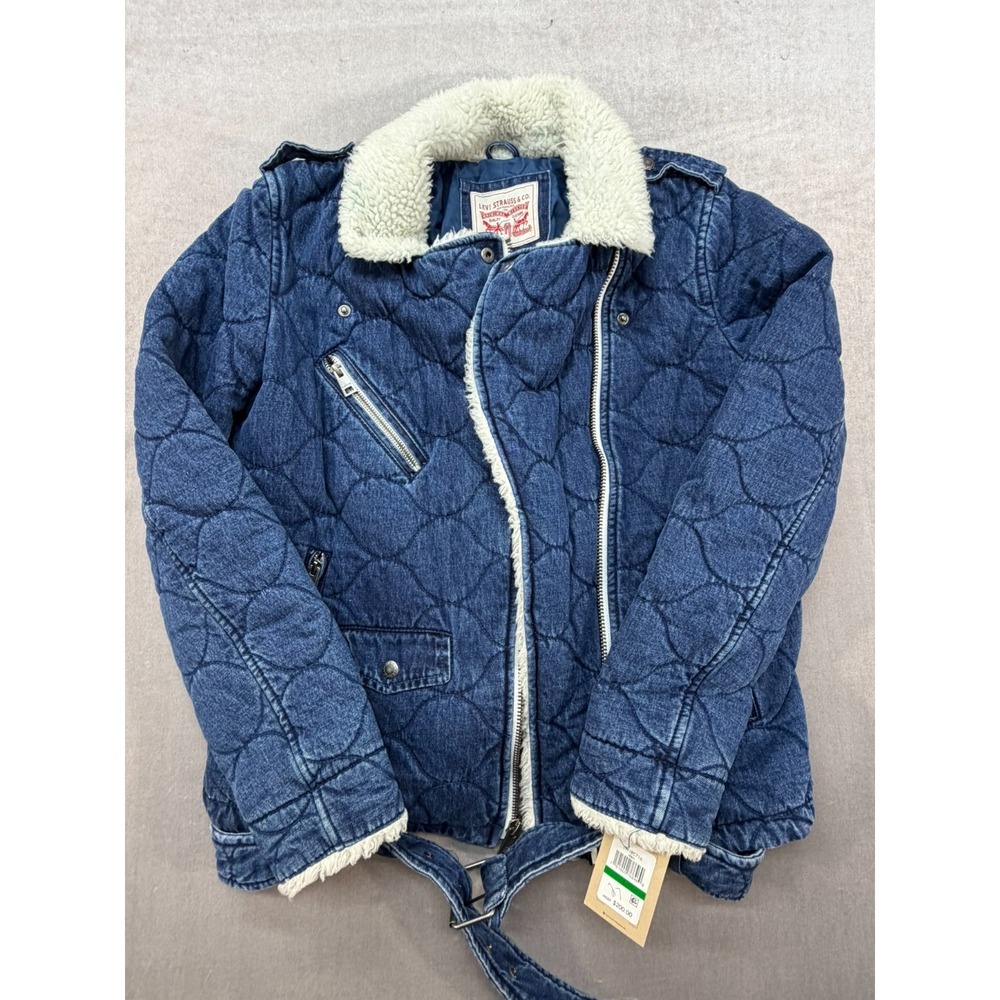 Levis Women Quilted Denim Sherpa Belted Jacket Size LARGE 100% cotton